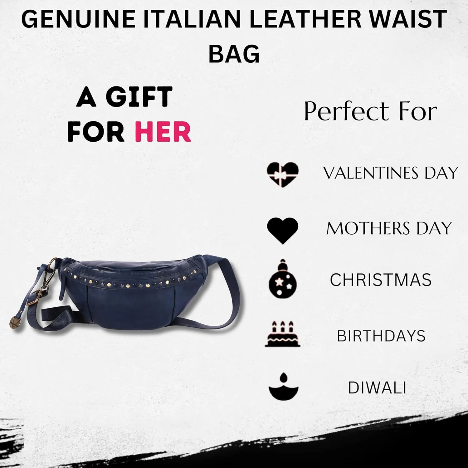 Genuine Italian Leather Boho Studded Waist Bag – Stylish & Durable Unisex Travel Fanny Pack for Essentials (Navy)