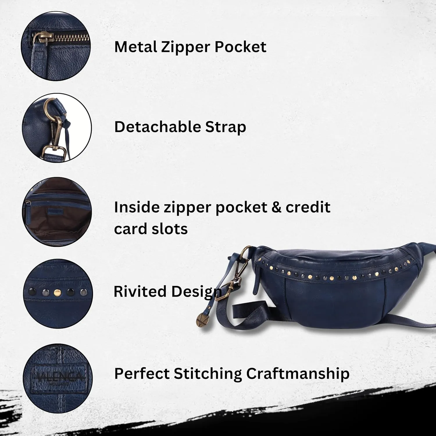 Genuine Italian Leather Boho Studded Waist Bag – Stylish & Durable Unisex Travel Fanny Pack for Essentials (Navy)