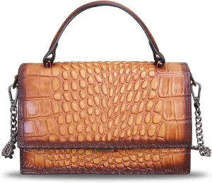 Genuine Leather Handbags for Women Small Satchel Purse Luxury Top Handle Real Leather Embossed Design Crossbody Bag