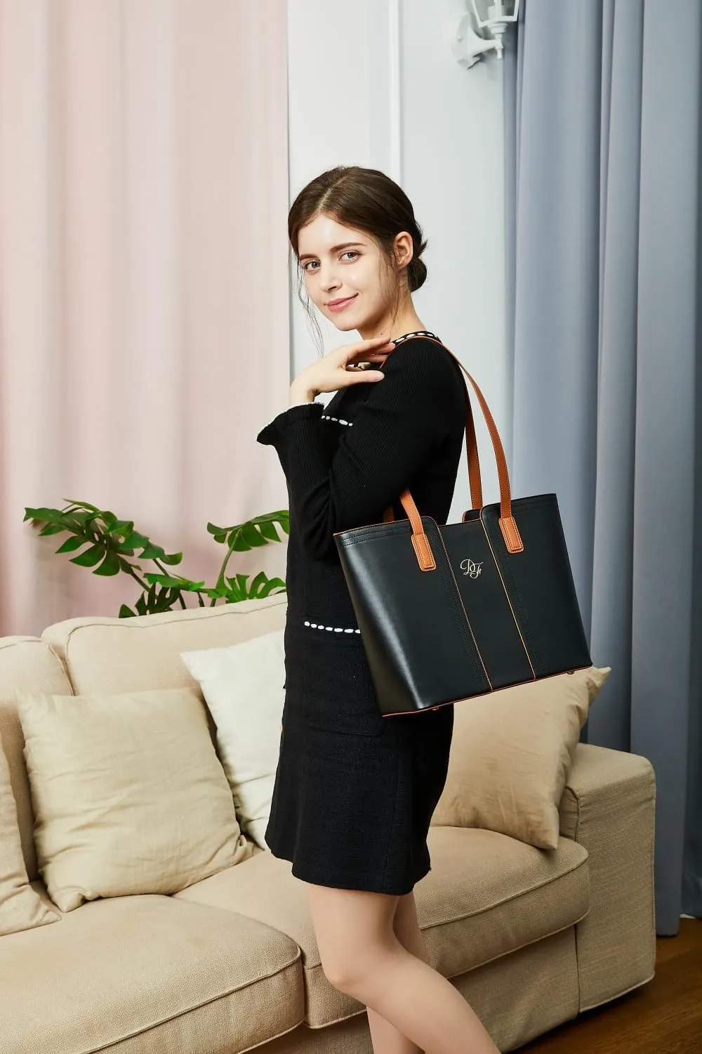 Genuine Leather Tote Bag for Women Shoulder Bag with Zipper Closure