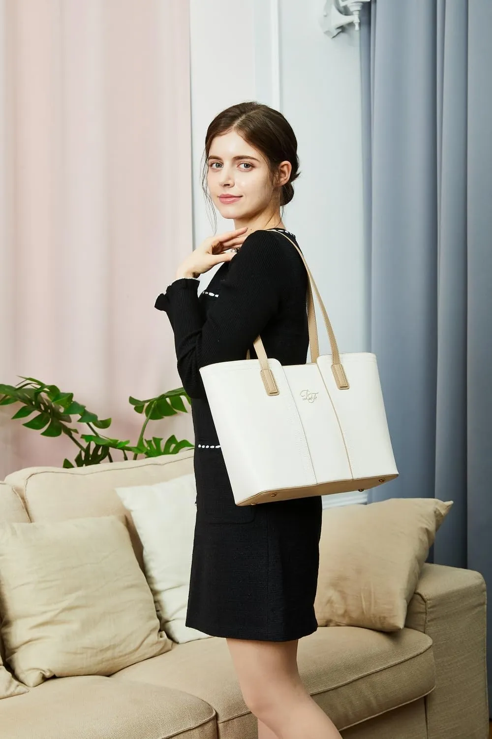 Genuine Leather Tote Bag for Women Shoulder Bag with Zipper Closure