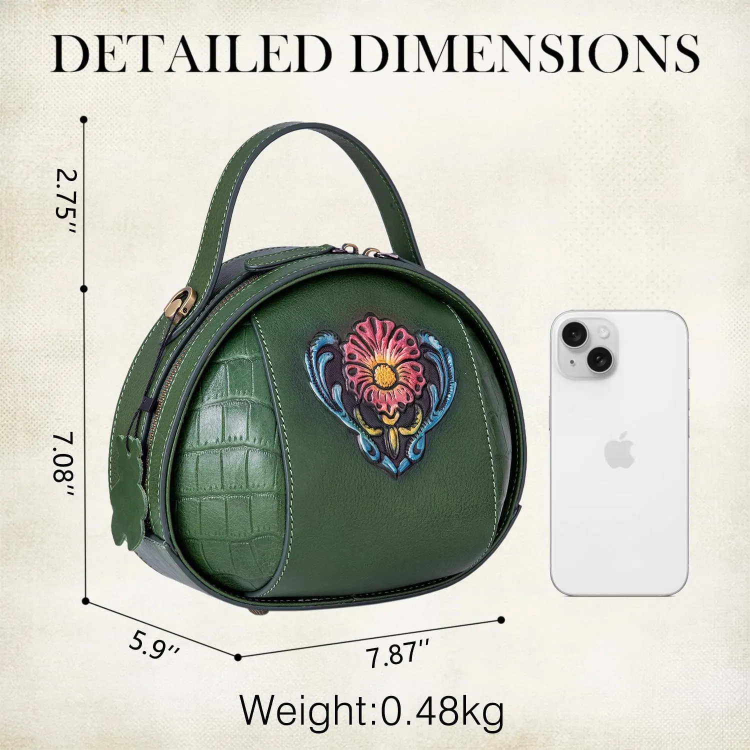 Genuine Leather Vintage Bag for Women - Cowhide Leather Crossbody Purse - Flower Embossed Handbag
