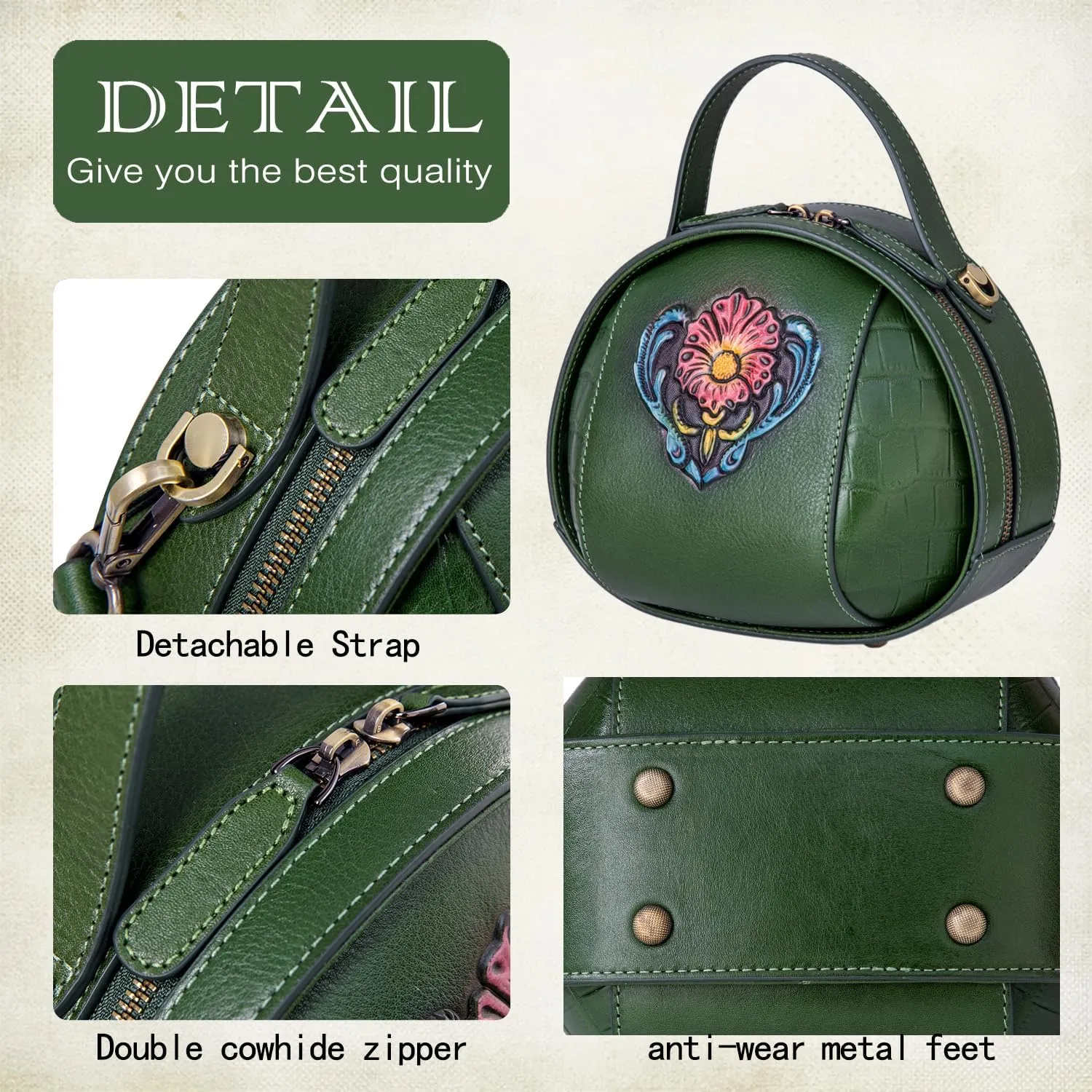 Genuine Leather Vintage Bag for Women - Cowhide Leather Crossbody Purse - Flower Embossed Handbag