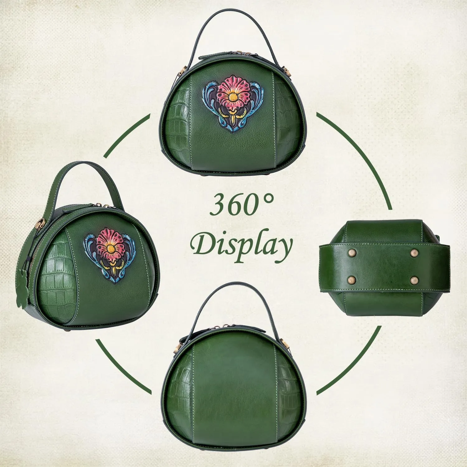 Genuine Leather Vintage Bag for Women - Cowhide Leather Crossbody Purse - Flower Embossed Handbag