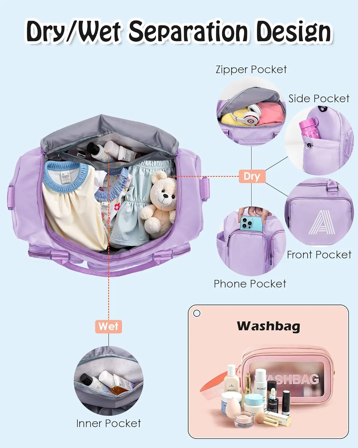 Gifts Teen Girl Gift, Initial Travel Duffel Bag, Duffel Bags, Personalized Weekender bags, Lilac purple-E