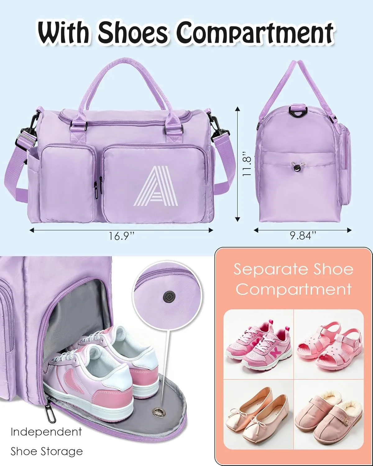 Gifts Teen Girl Gift, Initial Travel Duffel Bag, Duffel Bags, Personalized Weekender bags, Lilac purple-E
