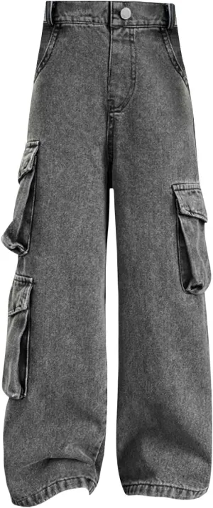 Girls Baggy Jeans Streetwear Denim Cargo Pants Kids Distressed Elastic High Waist Wide Leg Clothes Multiple Pockets