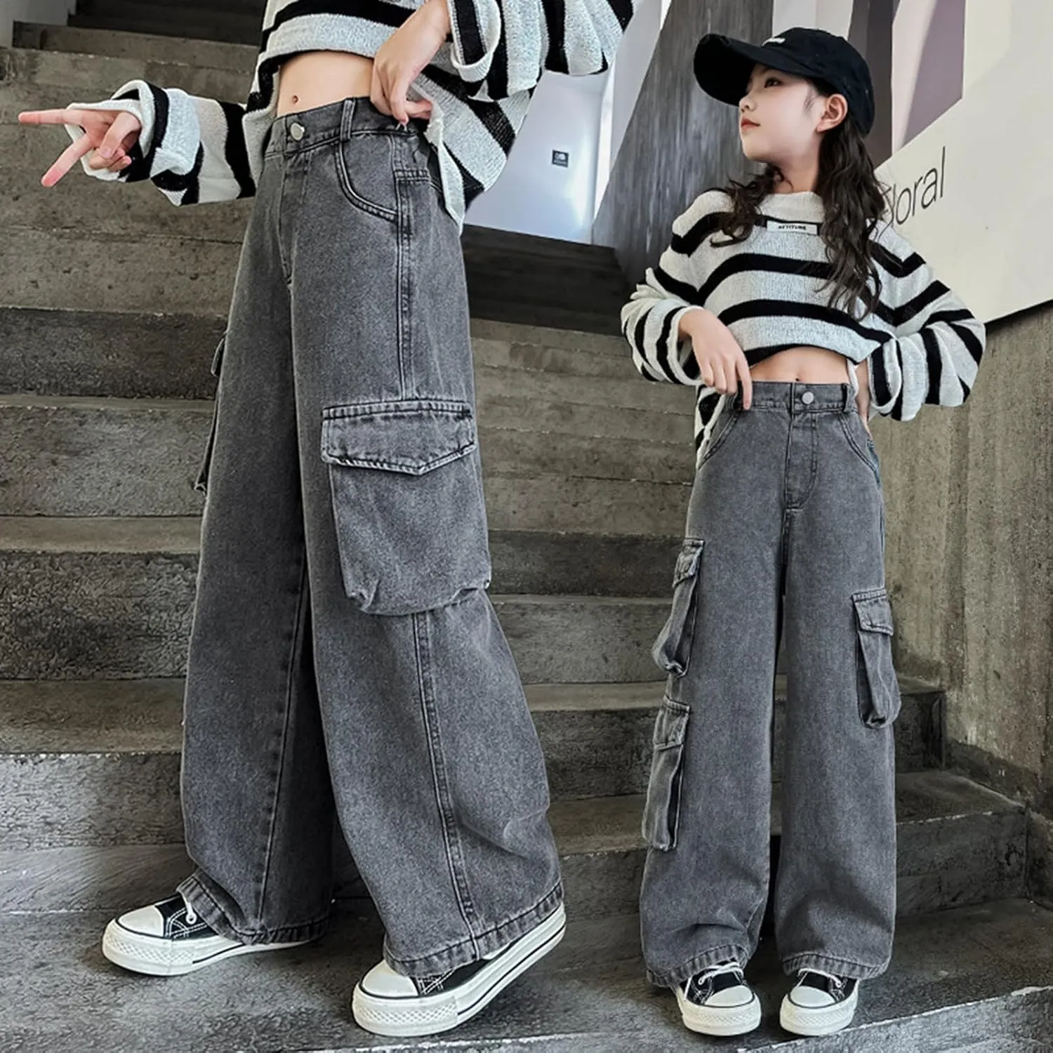 Girls Baggy Jeans Streetwear Denim Cargo Pants Kids Distressed Elastic High Waist Wide Leg Clothes Multiple Pockets