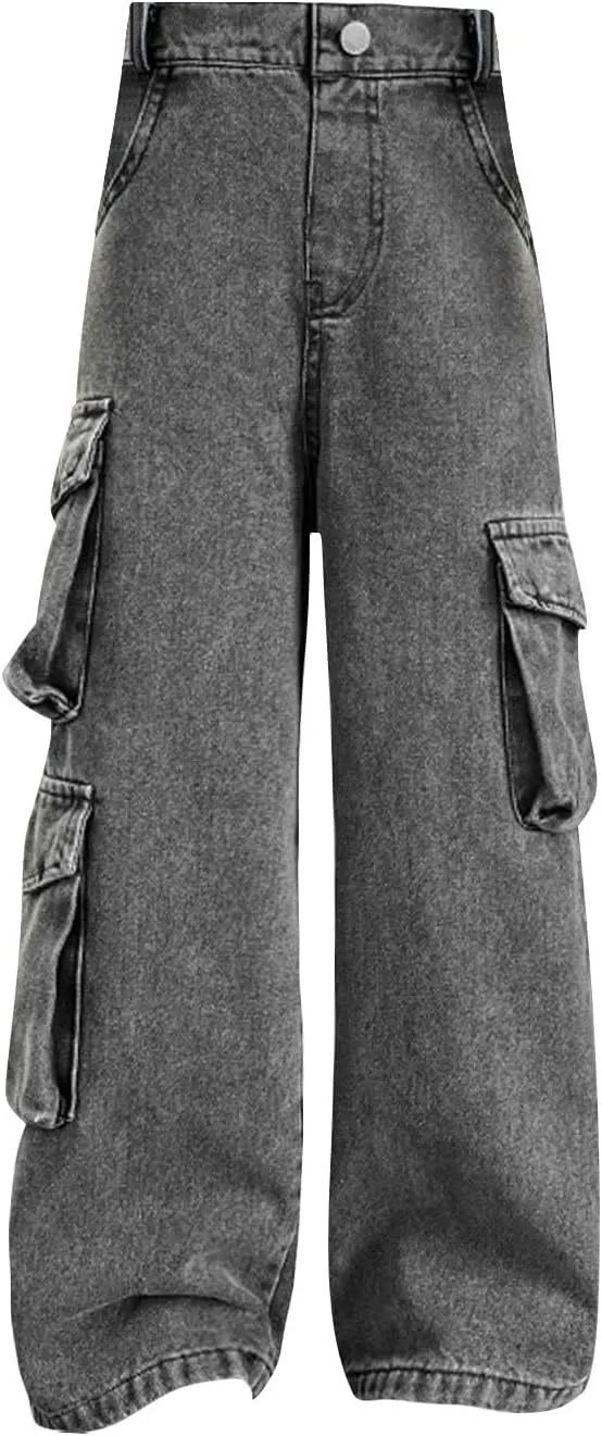 Girls Baggy Jeans Streetwear Denim Cargo Pants Kids Distressed Elastic High Waist Wide Leg Clothes Multiple Pockets