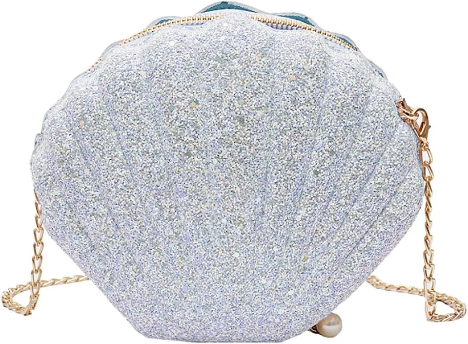 Goclothod Seashell Shape Purse Sequins Leather Crossbody Shoulder Bag Mini Chain Purse