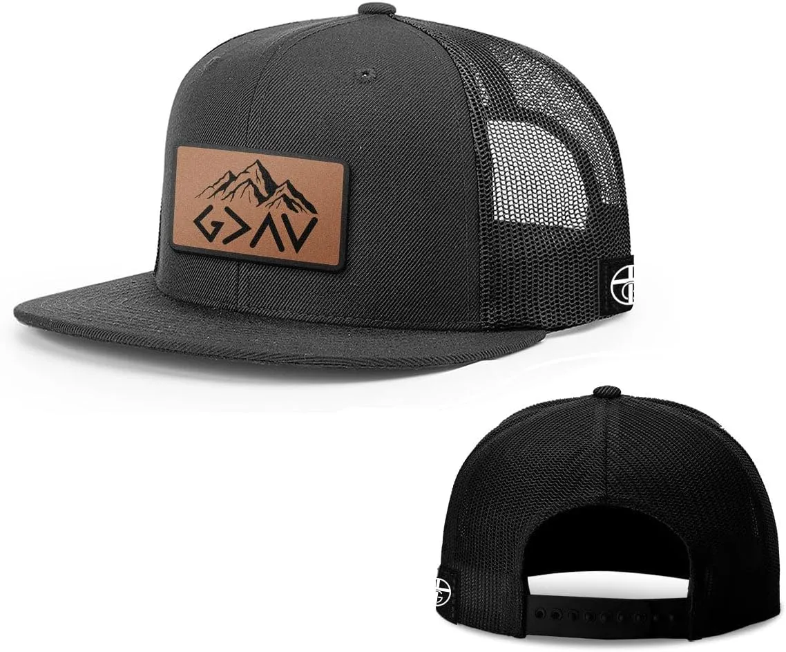 God is Greater Mountain Leather Flatbill Christian Trucker Hat - Fit Snapback Hat - Breathable Mesh Side for Casual Wear