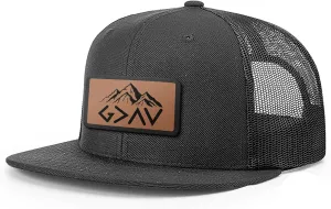 God is Greater Mountain Leather Flatbill Christian Trucker Hat - Fit Snapback Hat - Breathable Mesh Side for Casual Wear