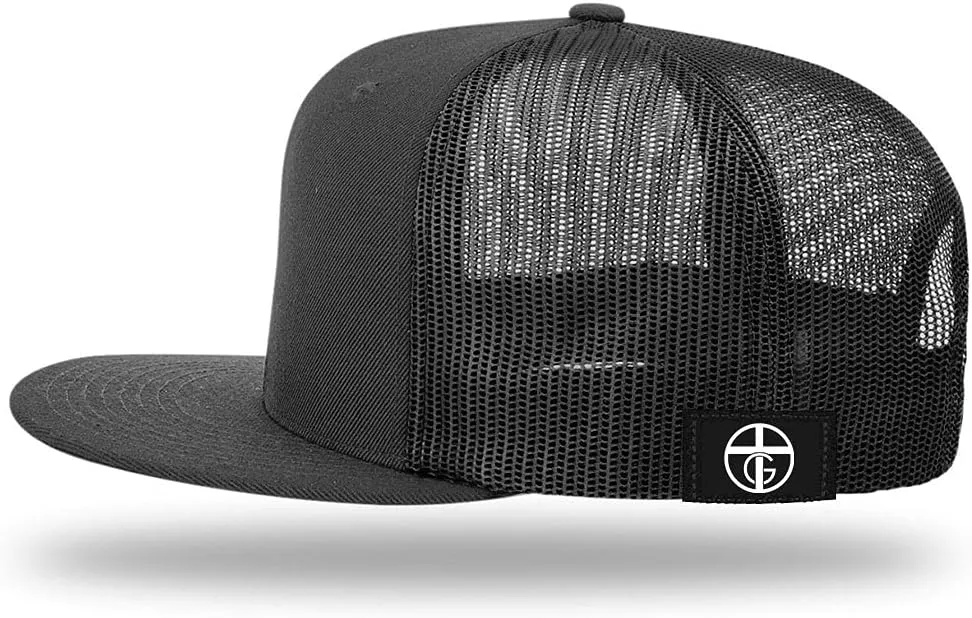 God is Greater Mountain Leather Flatbill Christian Trucker Hat - Fit Snapback Hat - Breathable Mesh Side for Casual Wear
