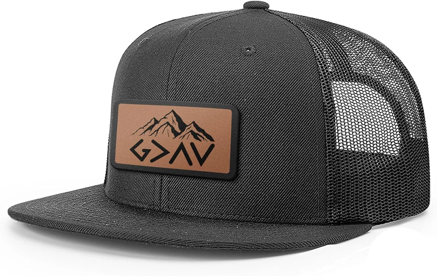 God is Greater Mountain Leather Flatbill Christian Trucker Hat - Fit Snapback Hat - Breathable Mesh Side for Casual Wear