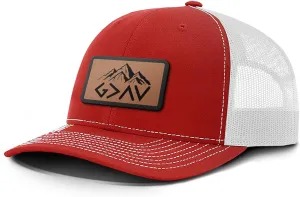 God is Greater Mountain Leather Patch Christian Trucker Hat - Fit Snapback Hat - Breathable Mesh Side for Casual Wear