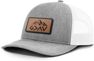 God is Greater Mountain Leather Patch Christian Trucker Hat - Fit Snapback Hat - Breathable Mesh Side for Casual Wear