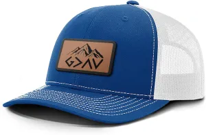 God is Greater Mountain Leather Patch Christian Trucker Hat - Fit Snapback Hat - Breathable Mesh Side for Casual Wear