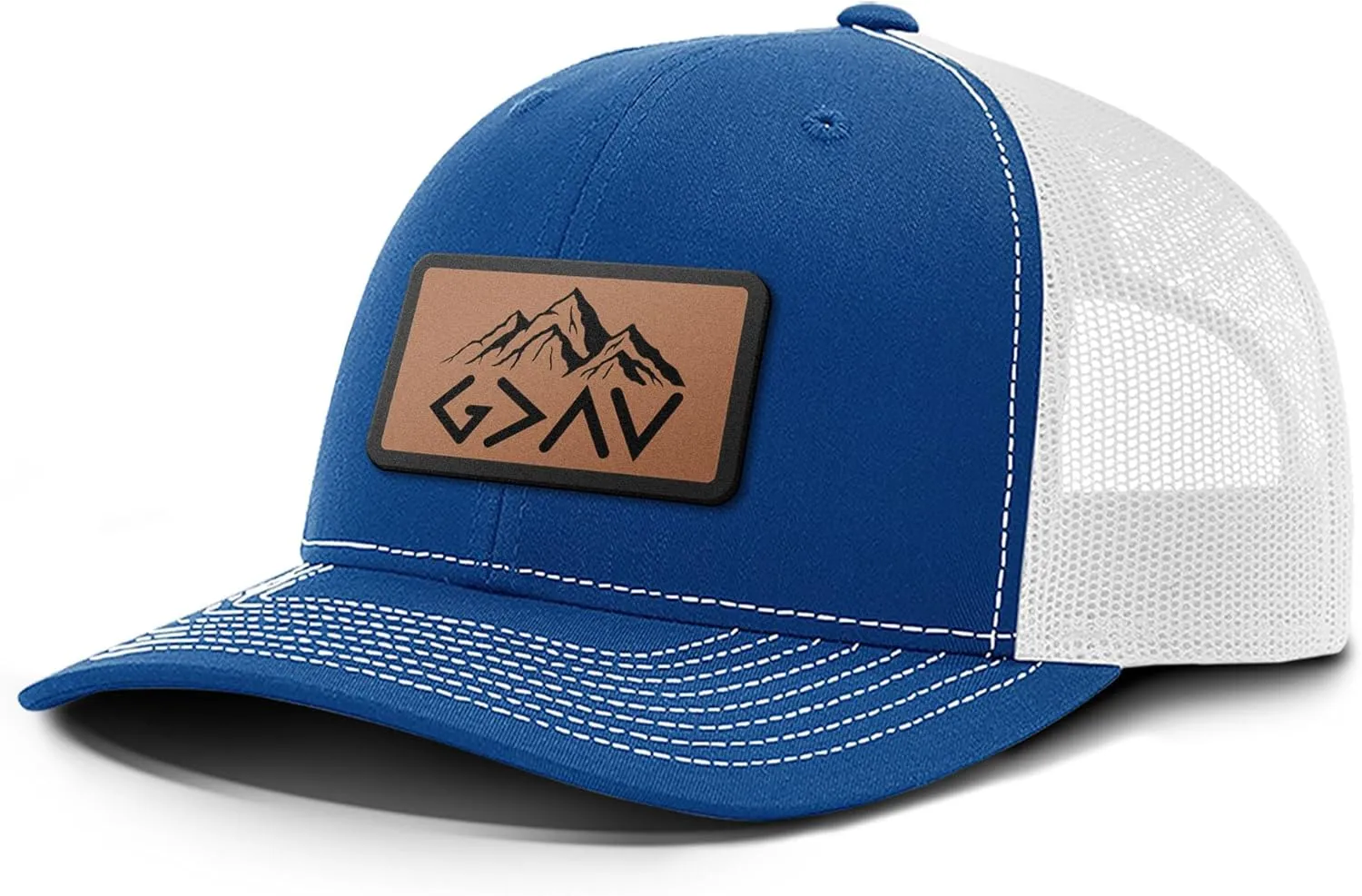 God is Greater Mountain Leather Patch Christian Trucker Hat - Fit Snapback Hat - Breathable Mesh Side for Casual Wear