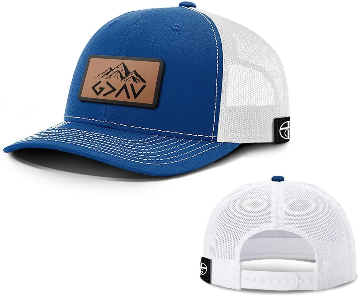 God is Greater Mountain Leather Patch Christian Trucker Hat - Fit Snapback Hat - Breathable Mesh Side for Casual Wear