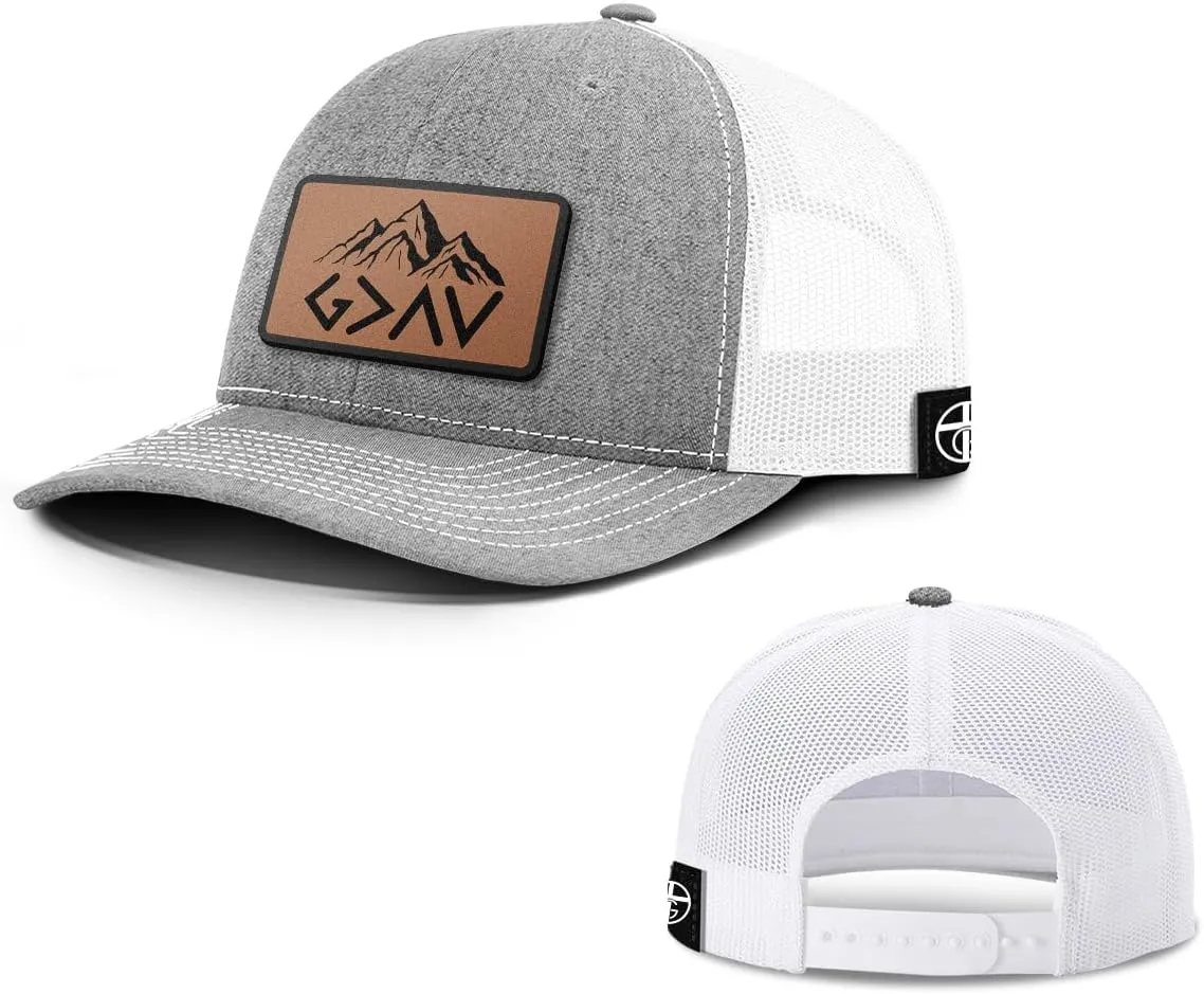 God is Greater Mountain Leather Patch Christian Trucker Hat - Fit Snapback Hat - Breathable Mesh Side for Casual Wear