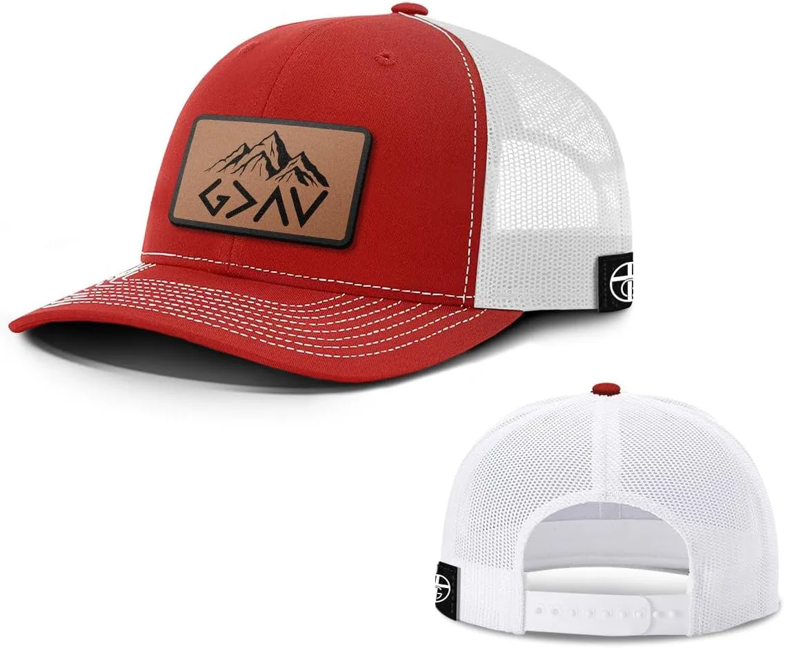 God is Greater Mountain Leather Patch Christian Trucker Hat - Fit Snapback Hat - Breathable Mesh Side for Casual Wear