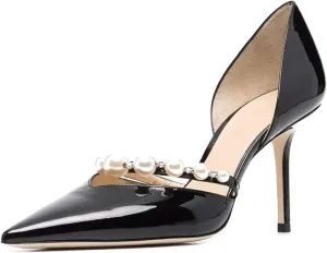 Goolita Closed Pointed Toe Stiletto High Heels Pearl Pumps for Women Patent Leather Party D'Orsay Pumps Wedding Evening Bride Shoes