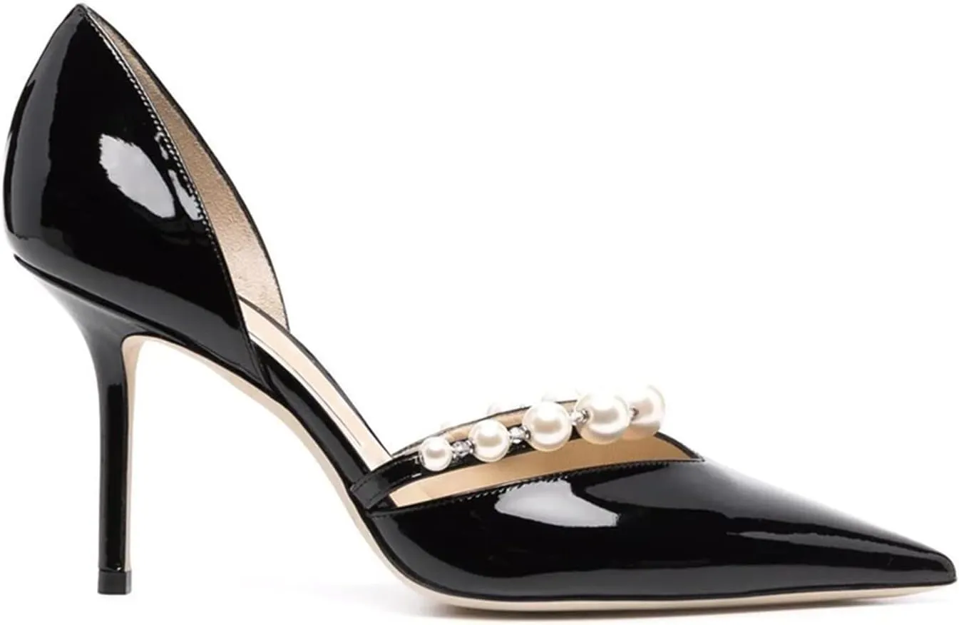 Goolita Closed Pointed Toe Stiletto High Heels Pearl Pumps for Women Patent Leather Party D'Orsay Pumps Wedding Evening Bride Shoes