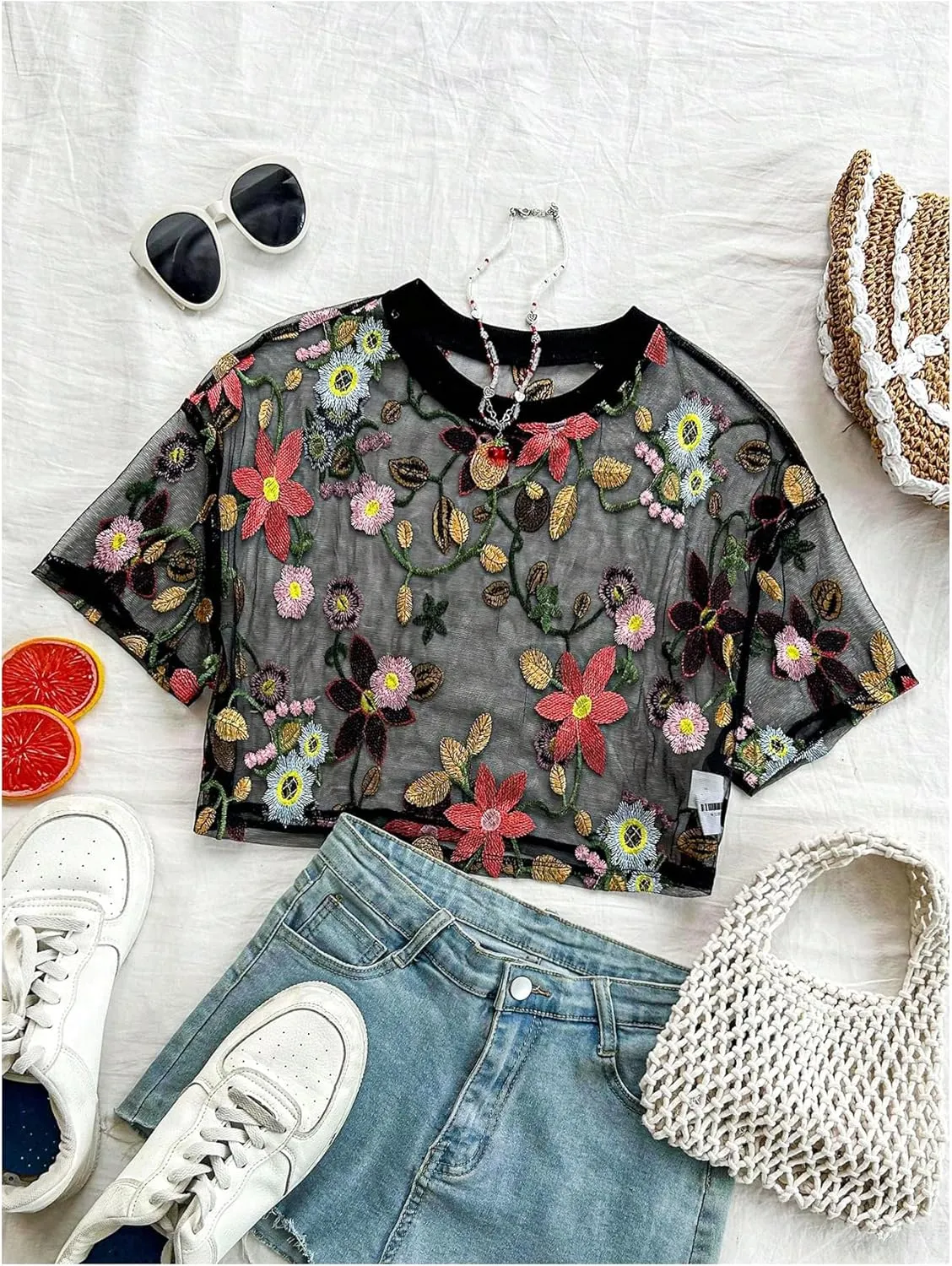 GORGLITTER Women's Floral Sheer Mesh Tees Crop Top See Through Short Sleeve Crew Neck Embroidered T Shirts