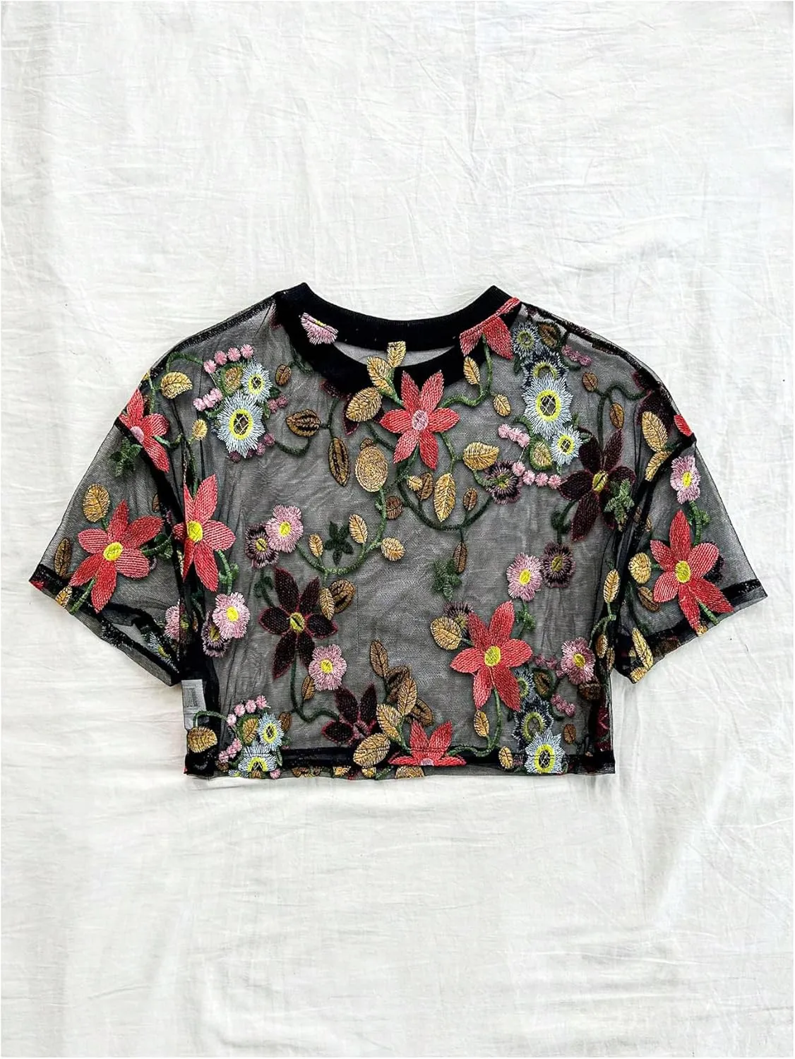 GORGLITTER Women's Floral Sheer Mesh Tees Crop Top See Through Short Sleeve Crew Neck Embroidered T Shirts