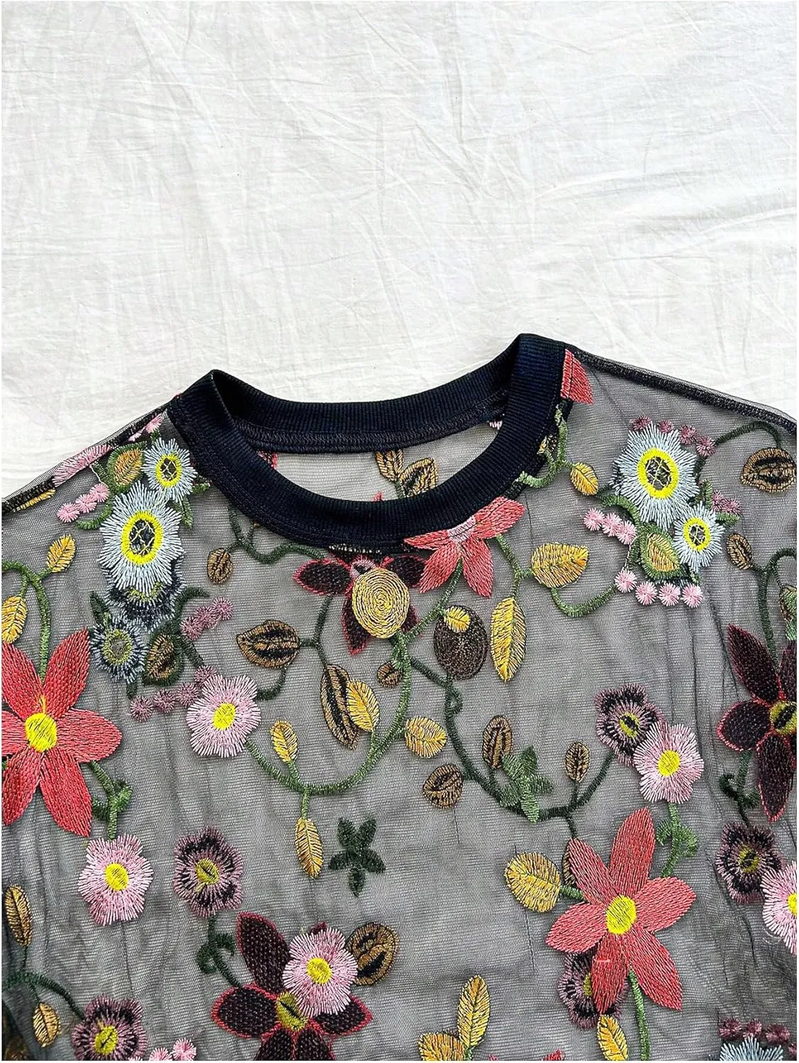 GORGLITTER Women's Floral Sheer Mesh Tees Crop Top See Through Short Sleeve Crew Neck Embroidered T Shirts