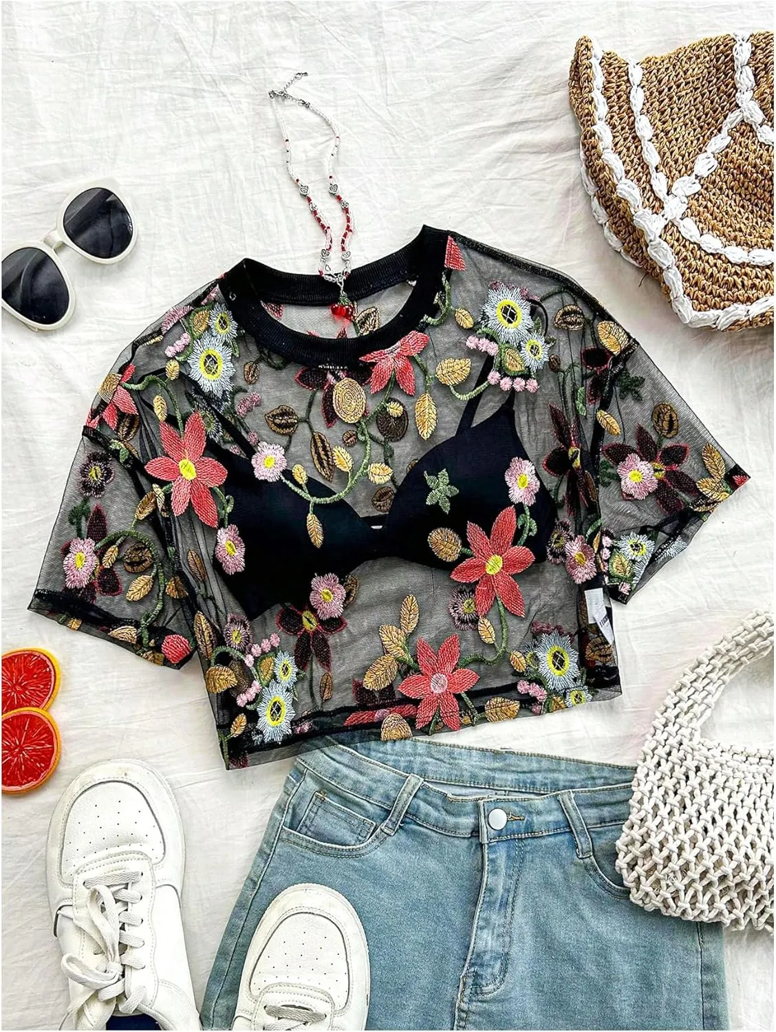 GORGLITTER Women's Floral Sheer Mesh Tees Crop Top See Through Short Sleeve Crew Neck Embroidered T Shirts