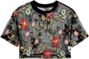 GORGLITTER Women's Floral Sheer Mesh Tees Crop Top See Through Short Sleeve Crew Neck Embroidered T Shirts