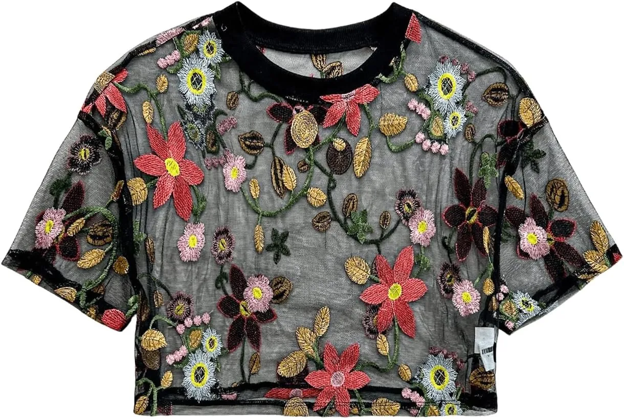 GORGLITTER Women's Floral Sheer Mesh Tees Crop Top See Through Short Sleeve Crew Neck Embroidered T Shirts