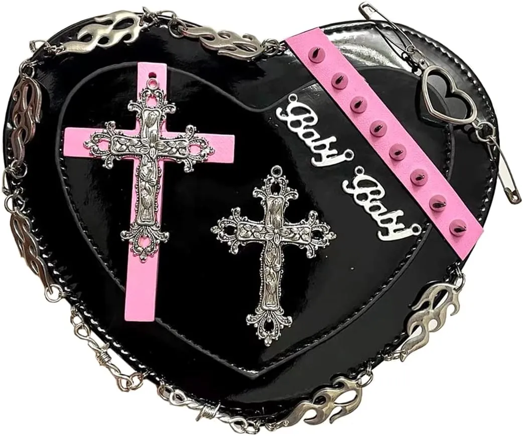 Goth Purse Kawaii Gothic Bag Y2K Heart Shaped Bag Punk Cross Decor Bag Studded Crossbody Bag