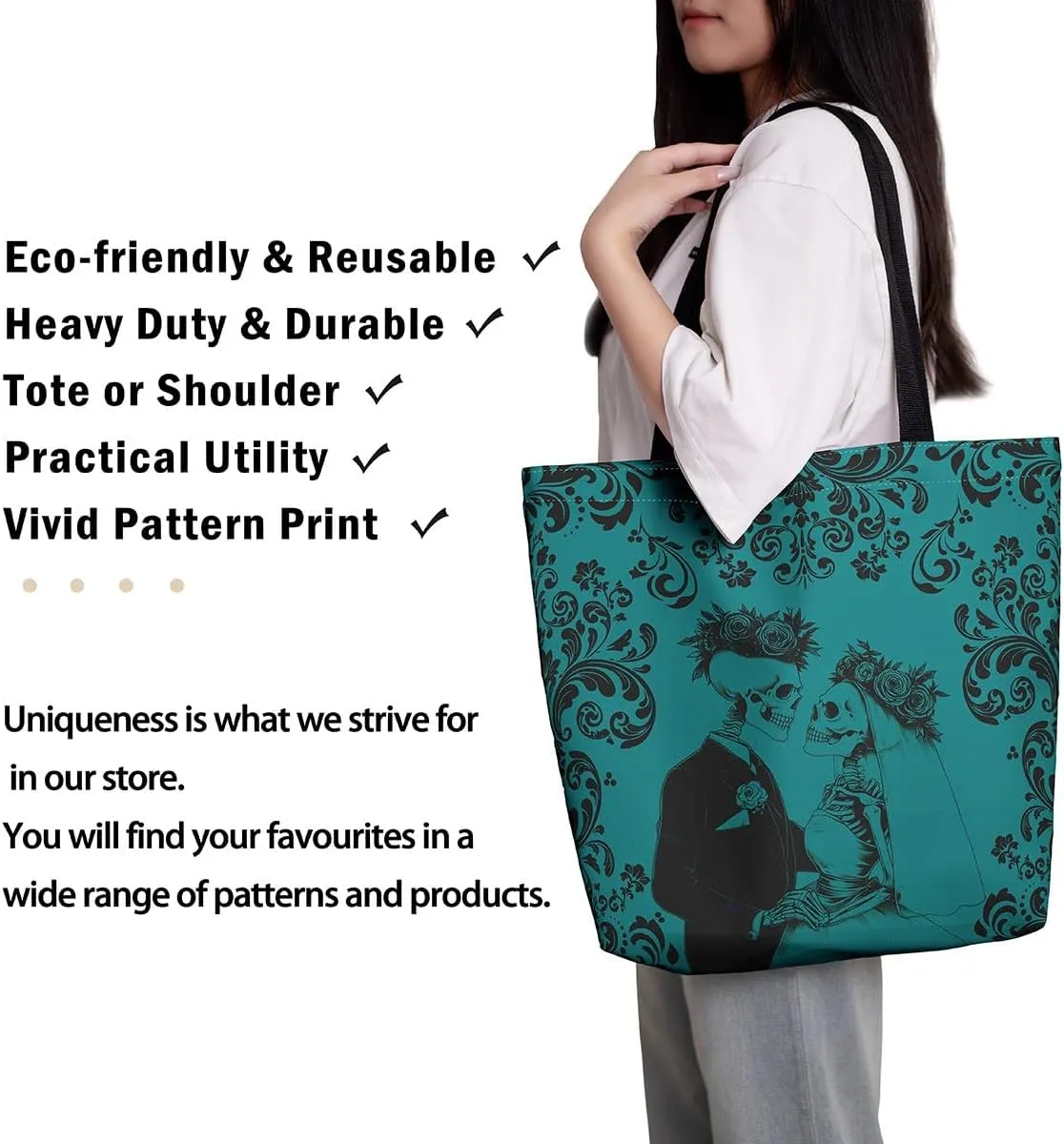 Gothic Skull Canvas Tote Bag Red Black Couple Rose Skull Reusable Grocery Bag Damask Skeleton Goth Shopping Handbag