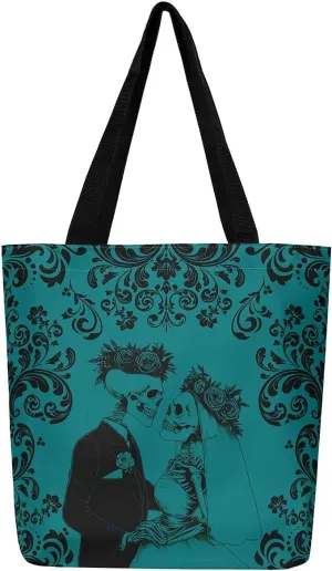 Gothic Skull Canvas Tote Bag Red Black Couple Rose Skull Reusable Grocery Bag Damask Skeleton Goth Shopping Handbag