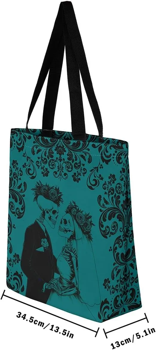 Gothic Skull Canvas Tote Bag Red Black Couple Rose Skull Reusable Grocery Bag Damask Skeleton Goth Shopping Handbag
