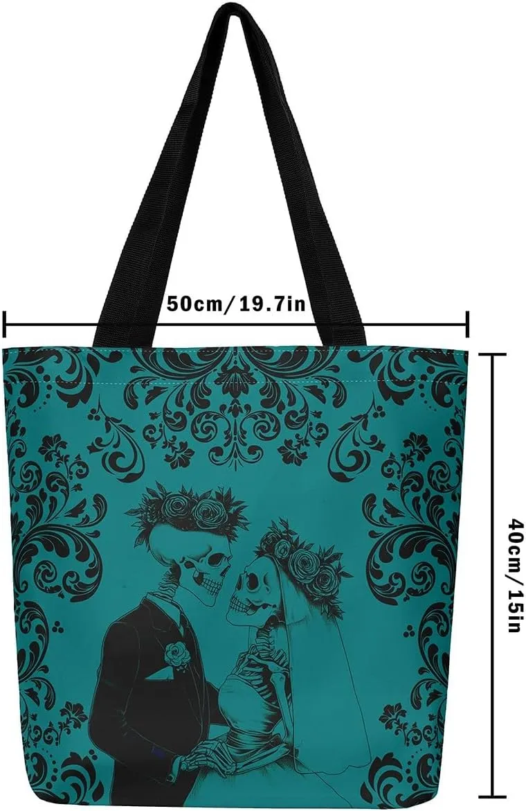 Gothic Skull Canvas Tote Bag Red Black Couple Rose Skull Reusable Grocery Bag Damask Skeleton Goth Shopping Handbag