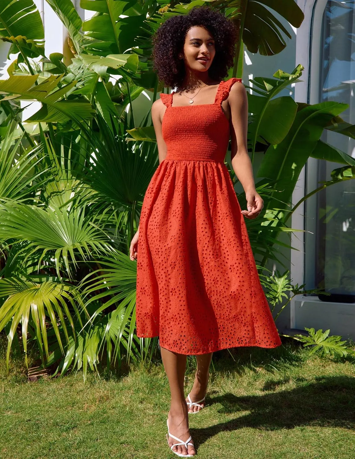 GRACE KARIN Women's 2025 Summer Ruffle Sleeve Midi Dress Square Neck Hollow Out Eyelet Smocked Beach Long Dress with Pockets