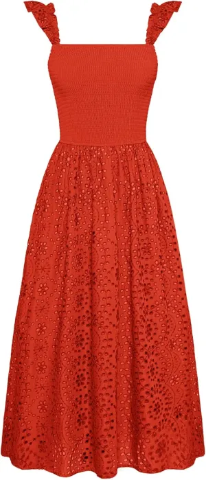 GRACE KARIN Women's 2025 Summer Ruffle Sleeve Midi Dress Square Neck Hollow Out Eyelet Smocked Beach Long Dress with Pockets