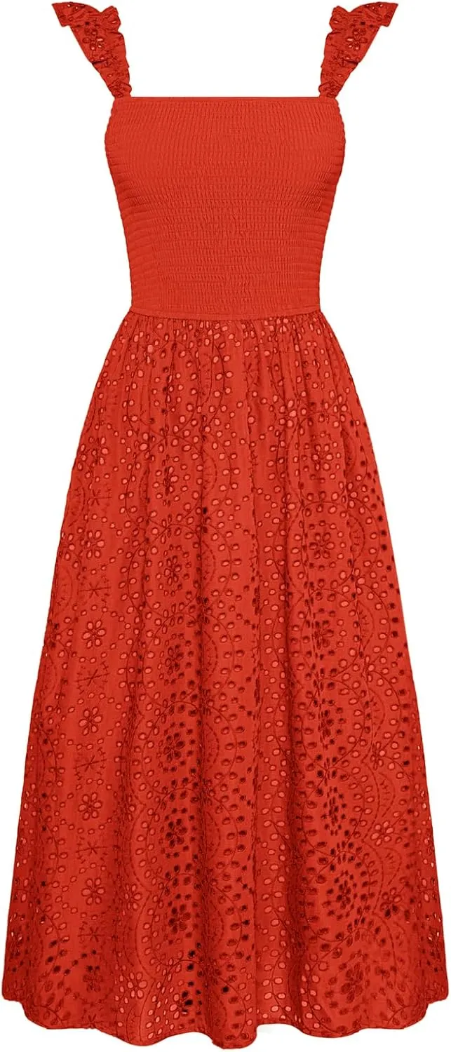 GRACE KARIN Women's 2025 Summer Ruffle Sleeve Midi Dress Square Neck Hollow Out Eyelet Smocked Beach Long Dress with Pockets