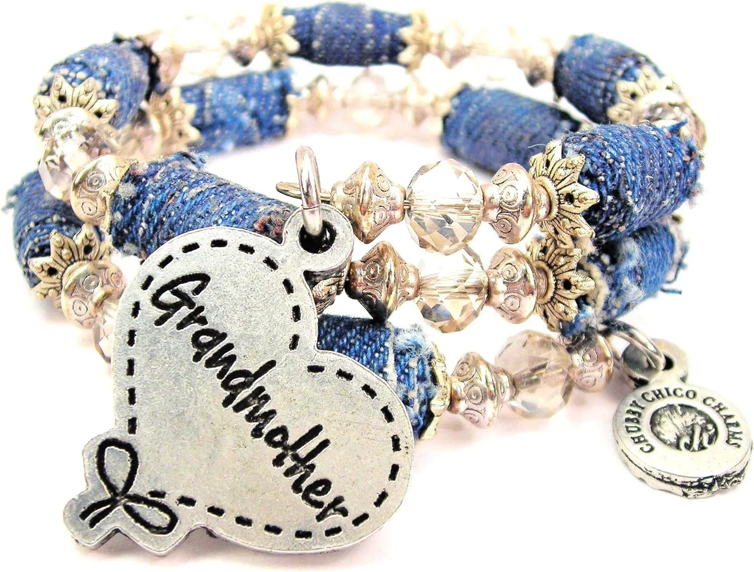 Grandmother Quilted Heart Blue Jean Distressed Denim Bead Wrap Bracelet
