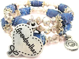 Grandmother Quilted Heart Blue Jean Distressed Denim Bead Wrap Bracelet