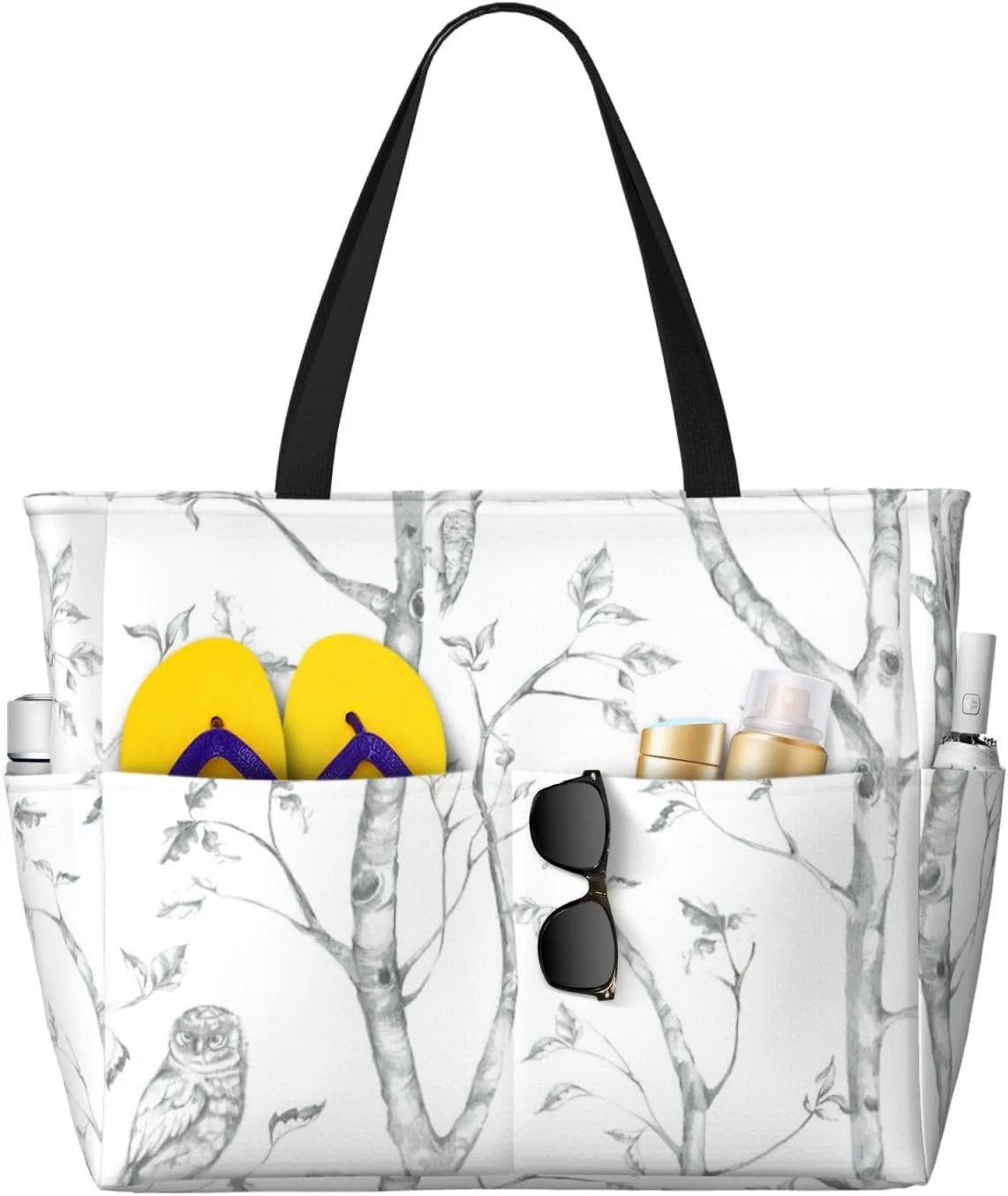 Gray Woods and Birds print Large Waterproof Beach Bag for Women Tote Bag for Travel Vacation fun Travel Bag