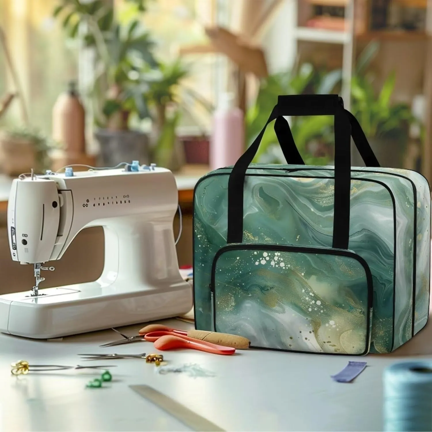 Green Marble Cover for Sewing Machine Portable Sewing Machine Handbag Sewing Machine Sorting Bag Tote Bag for Sewing Machine Bag for Most Standard Sewing Machine
