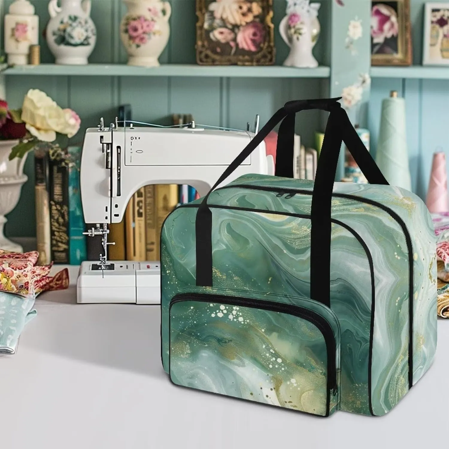 Green Marble Cover for Sewing Machine Portable Sewing Machine Handbag Sewing Machine Sorting Bag Tote Bag for Sewing Machine Bag for Most Standard Sewing Machine