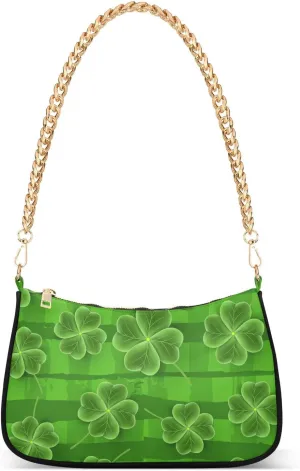 Green Shamrock Grass Shoulder Handbags for Women Travel Hobo Tote Handbag Women Gold Chain Shoulder Bags Purse with Zipper Closure