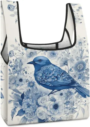 Grocery Bag Reusable Tote Bag Foldable Bluebird And Flowers Shopping Bag Handbag Washable Shoulder Bag for Travel