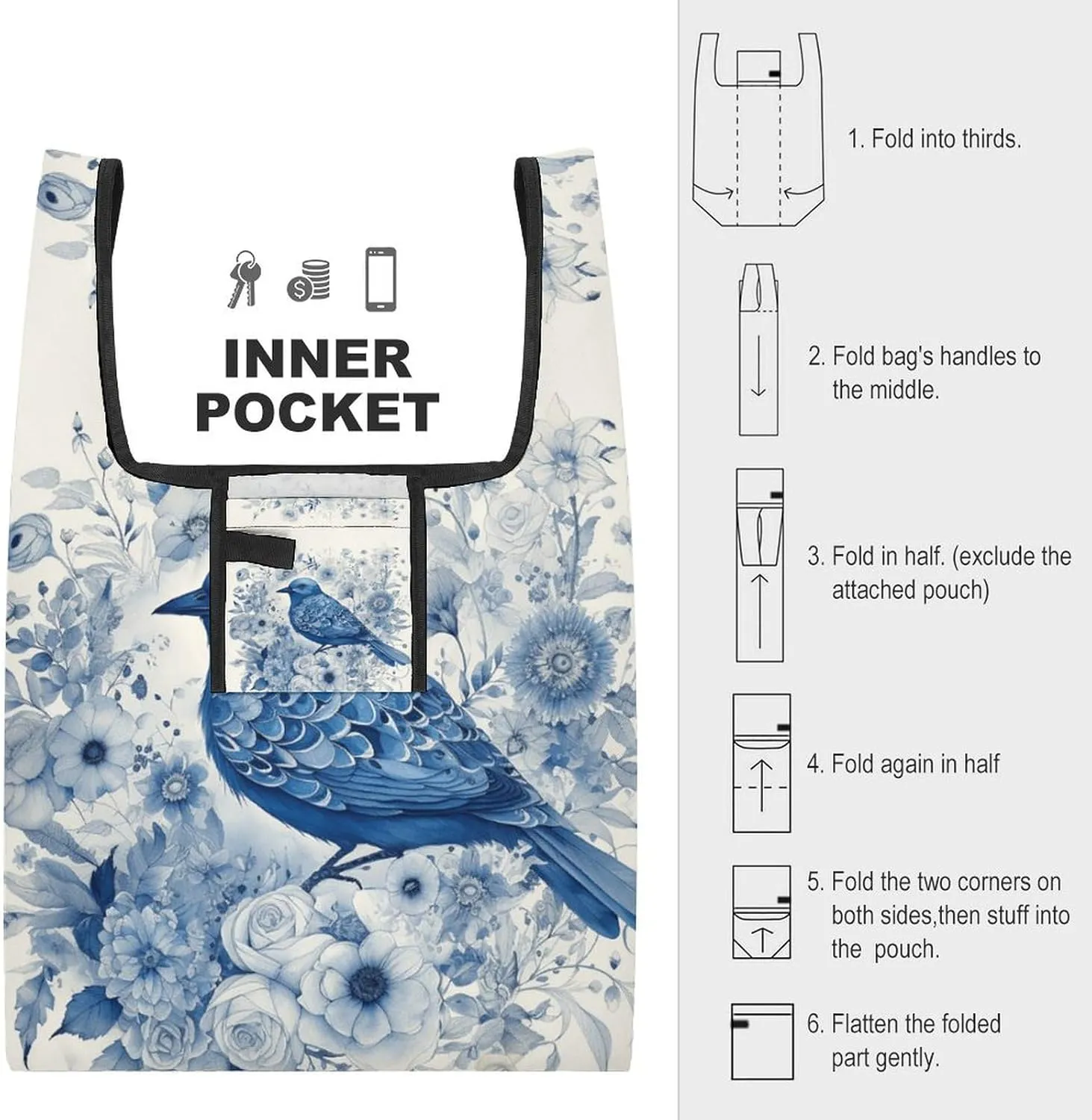 Grocery Bag Reusable Tote Bag Foldable Bluebird And Flowers Shopping Bag Handbag Washable Shoulder Bag for Travel