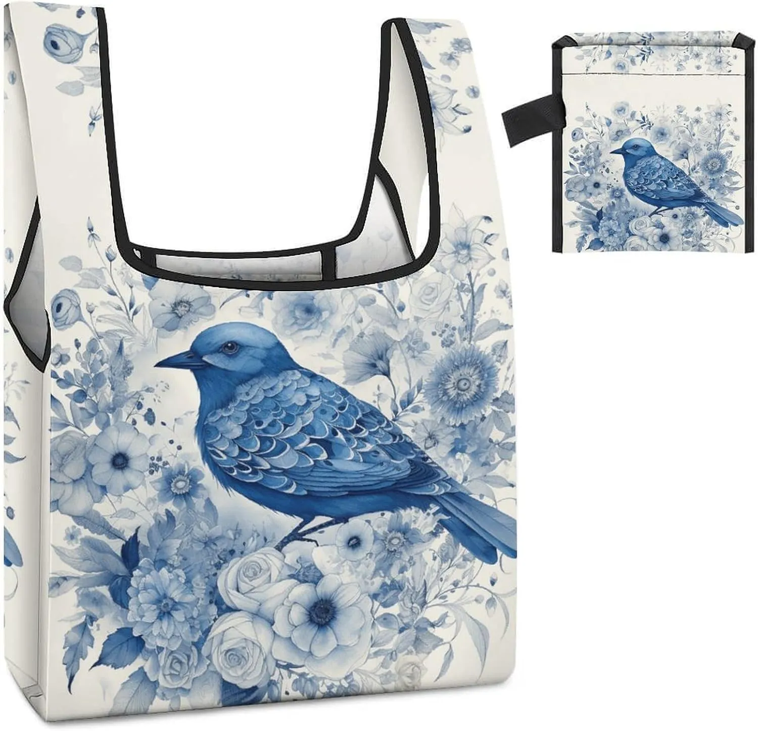 Grocery Bag Reusable Tote Bag Foldable Bluebird And Flowers Shopping Bag Handbag Washable Shoulder Bag for Travel
